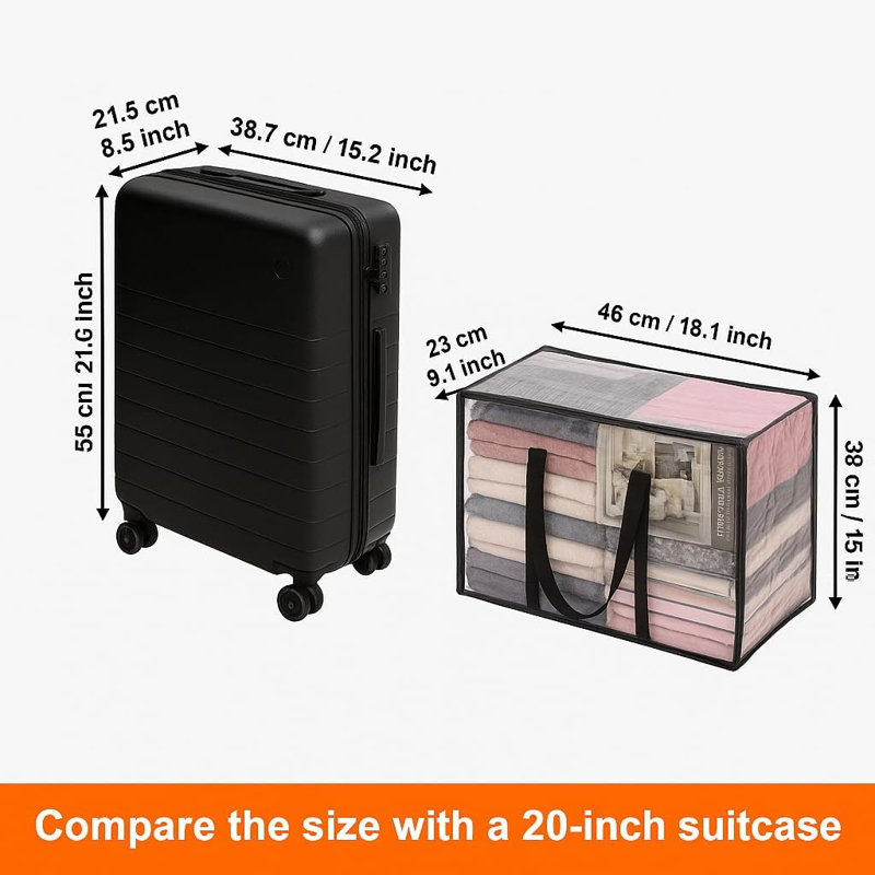 Ensemble de 3 sacs de rangement pour vêtements transparents, sac de rangement pour couverture en plastique de 40 L avec fermeture à glissière, organisateur de garde-robe pliable, sacs de transport pour édredon, couverture, literie, couette, jouets