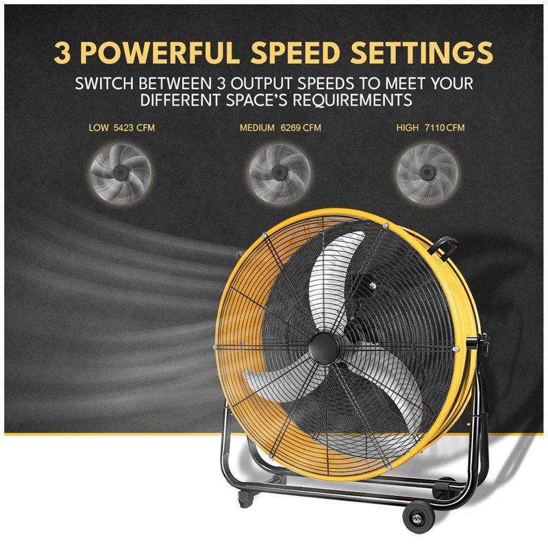 30 po Ventilateur industriel en métal robuste à 3 vitesses jaune, circulation d'air