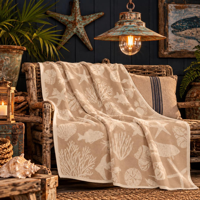 In2Green Coastal Ocean Life Knit Throw Beige