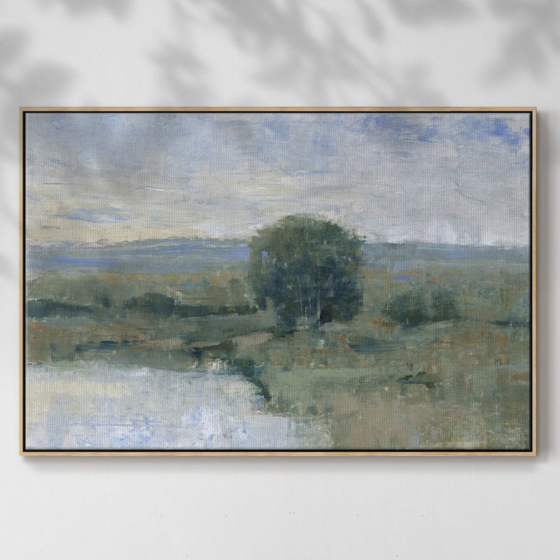 " Riverbank Impression II ", 25" H x 37" W x 2" D, Natural Wood Floater Framed Canvas