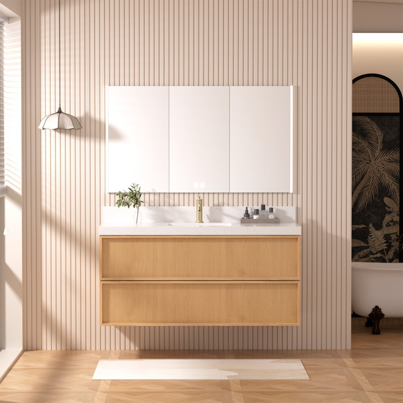 Ensemble de meuble-lavabo flottant 48 po avec plateau en marbre et lavabo simple encastré, texture rotin 48 po