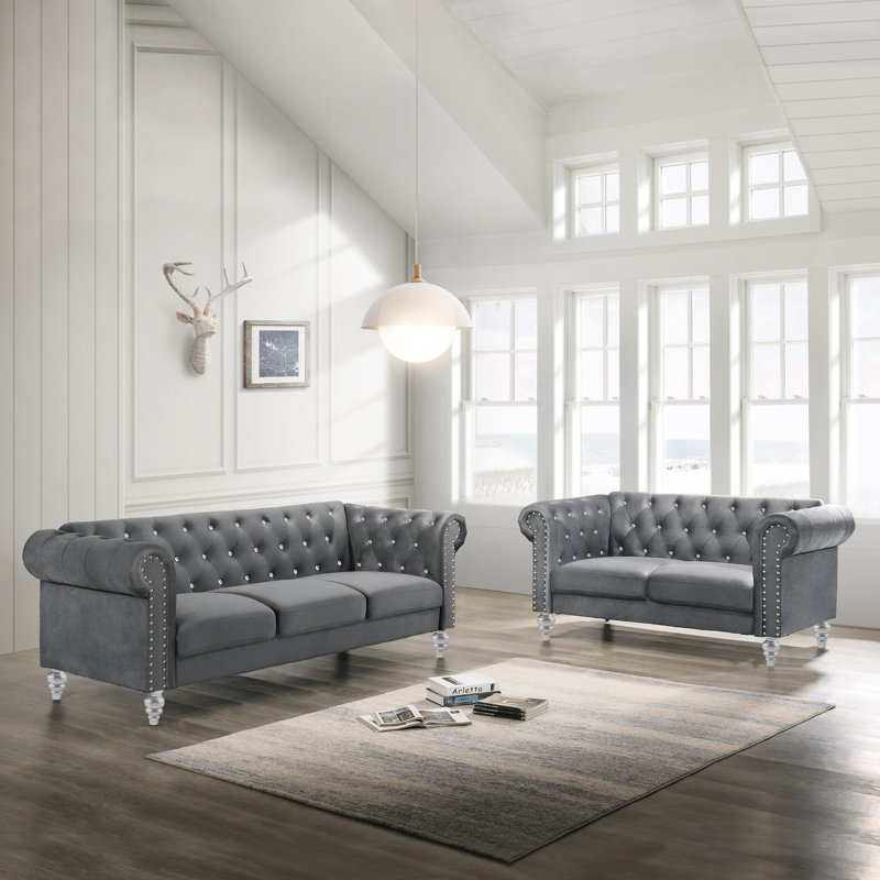 Ensemble de salon en velours Shondra, Velours gris