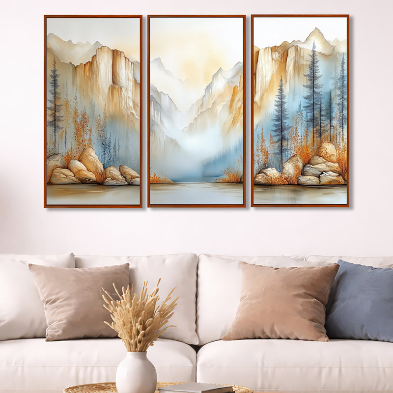 «Dramatic Cliff of Yosemite - Mountain», art mural 3 pièces, H 32 po x l 48 po, Cadre flottant brun