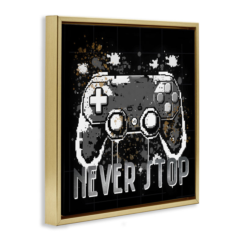 «Never Stop Pixel contrôleur», art mural encadré flottant par Kim Allen, Cadre flottant métallique doré, H 25 po x l 25 po