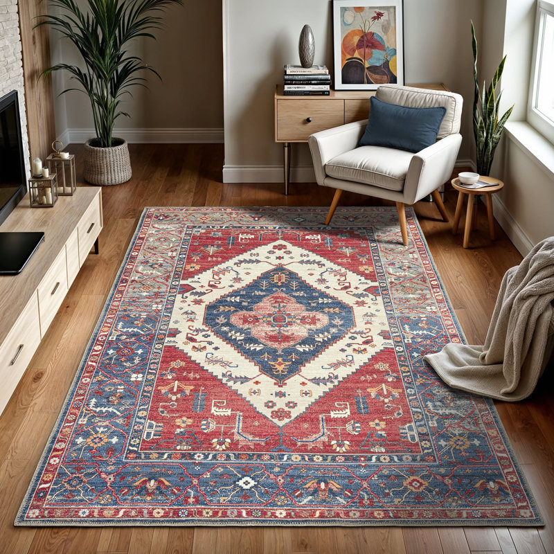 GLN Rugs Vintage Collection - Machine Washable Area Rug, Vintage Washable Rug, Non Slip Area Rug, Low Pile Living Room Rug, Bedroom Rug, Bathroom Rug - Easy Clean (Red Rug)