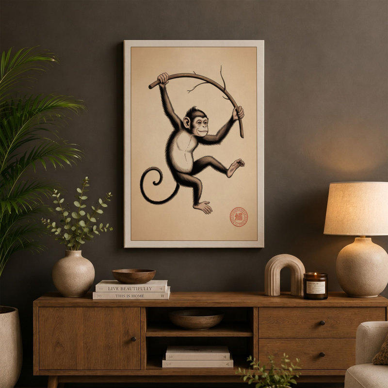 Leaping Chimpanzee Japandi - Wrapped Canvas, 30x20 - 76.2 x 50.8 cm, Terracotta Border