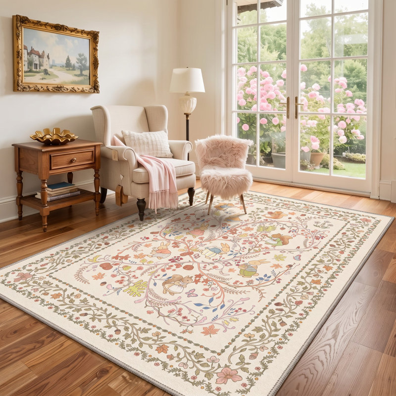 Tapis ivoire / orange lavable à la machine avec envers antidérapant, Rectangle 6 pi x 9 pi