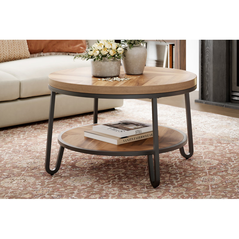 Mia 32" Round Coffee Table with 2-tier Storage Shelves