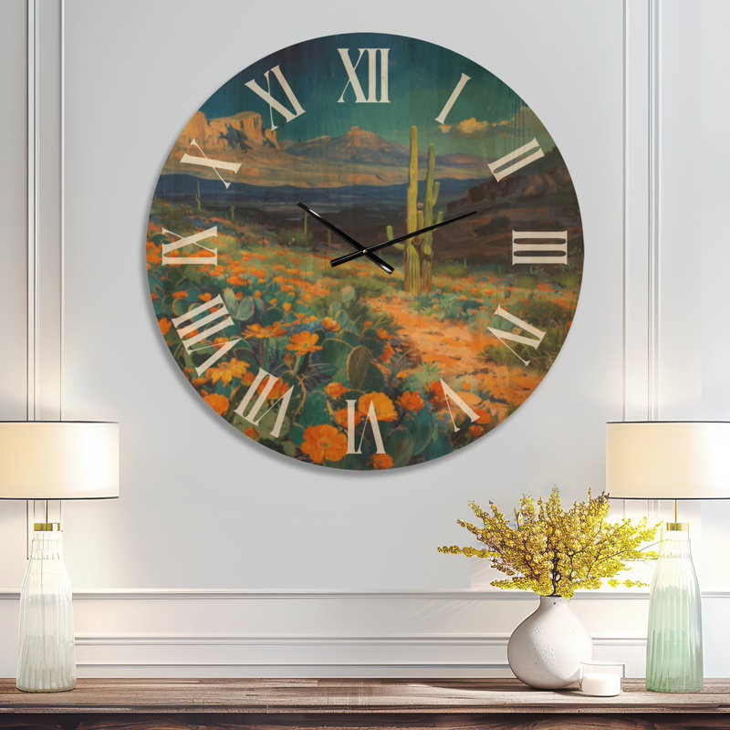 Très grande horloge murale botanique en bois - Paysage de cactus du désert au Mexique II, Oversized
