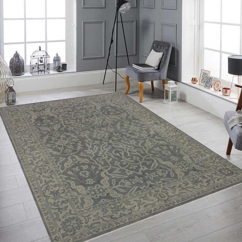 Tapis gris en laine noué à la main à motif damas de 8 pi 5 po x 11 pi 4 po Badami