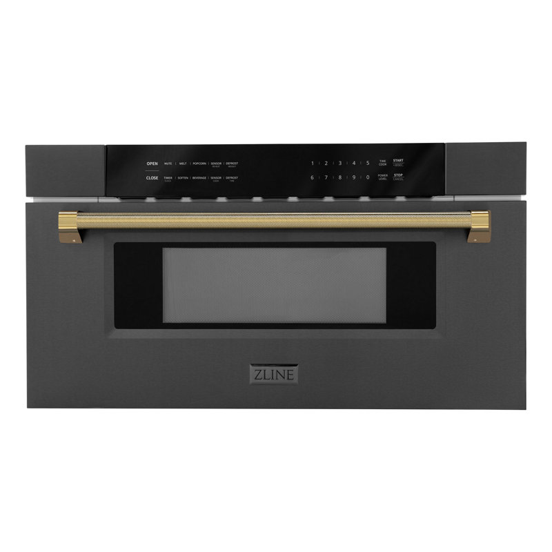ZLINE Autograph 30 in. Microwave Drawer in Black Stainless Steel and Polished Gold Helix Handle, Black/Gold