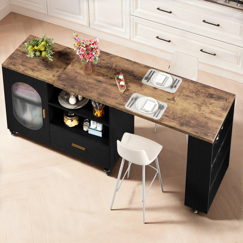 Kitchen Island With Extended Table, Storage Cabinet, Drawers, Rustic Brown & Black Oak, Rustic Brown/Black