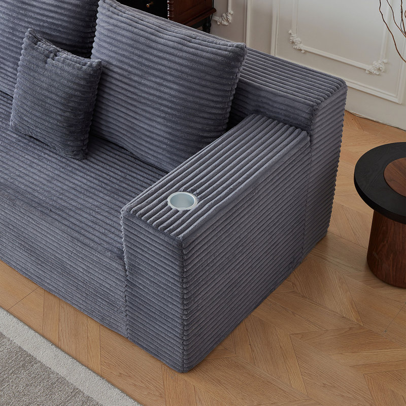 Canapé modulaire profond en velours côtelé avec porte-gobelets, aucun assemblage requis, Gris