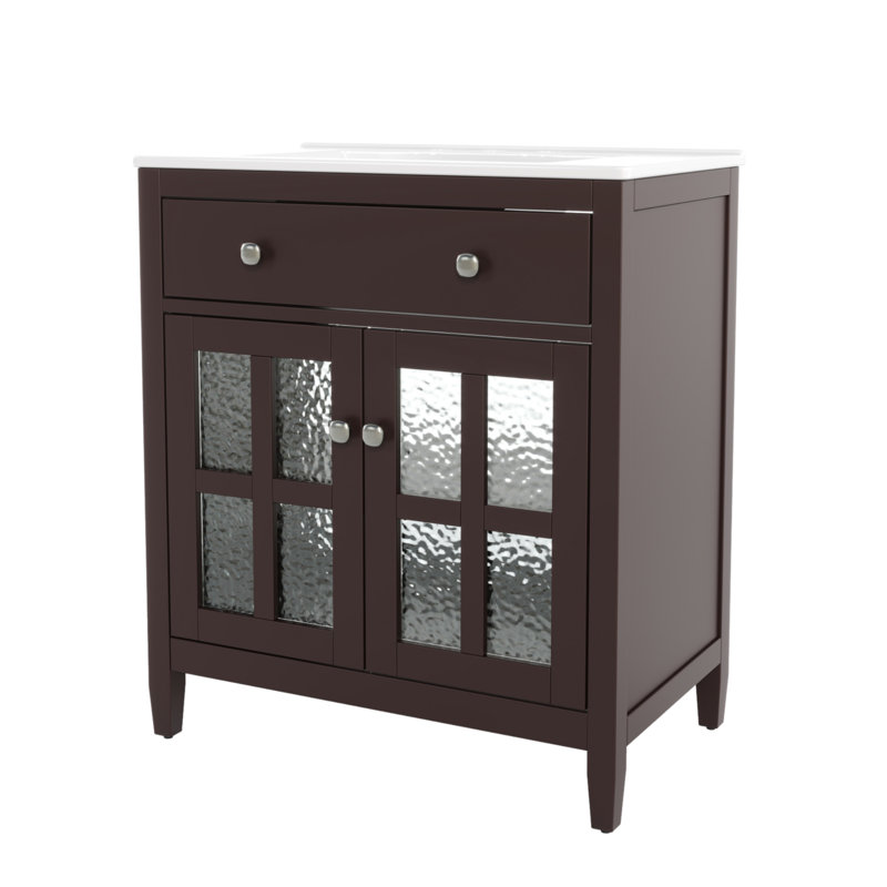Meuble-lavabo de 30 pouces avec lavabo en céramique avec tablettes réglables et plateau réversible, Brun