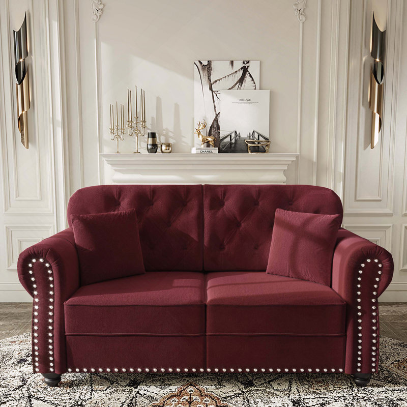 Velours Chesterfield canapé garniture cloutée capitonnée, Bourgogne