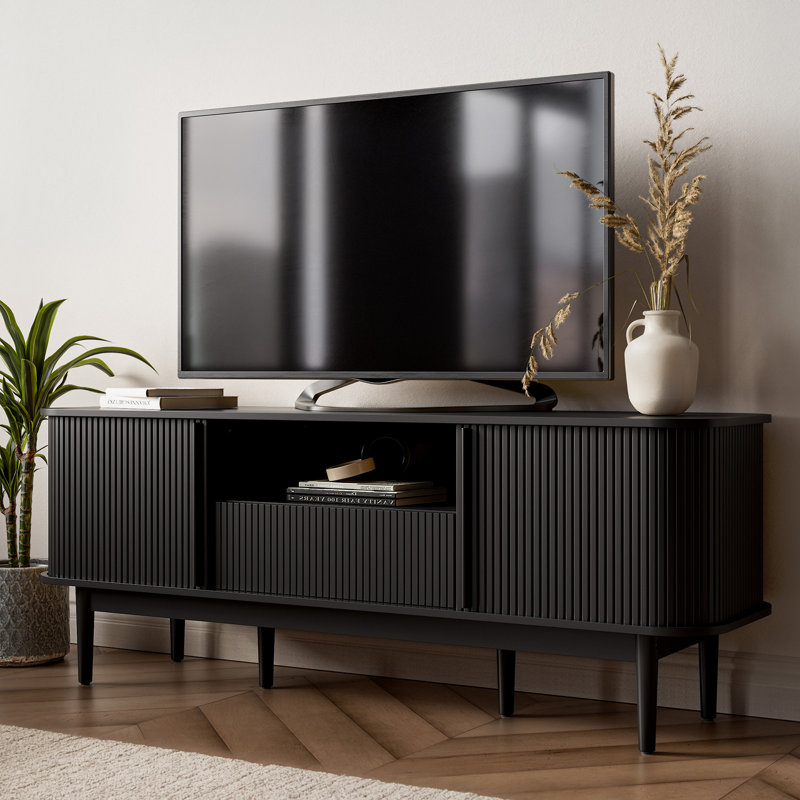 Tambour TV Stand For TVs Up To 70 Inch, TV Console With Sliding Doors, Black