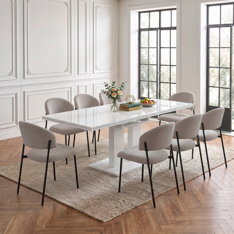 Expandable Dining Table Set of 8, 140-180cm High Gloss White Kitchen Table with 8 Chairs, Modern Pedestal Table for Living Room