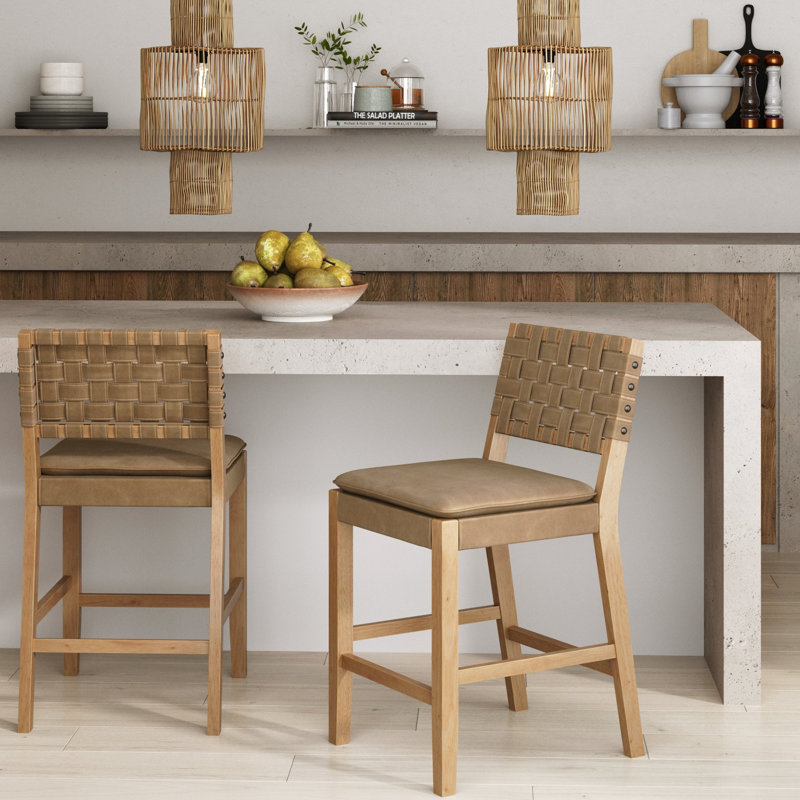Woven Faux Suede Counter Height Stool with Solid Wood Legs, 2-Pack, Light Brown Leather/Warm Pine Frame, 2