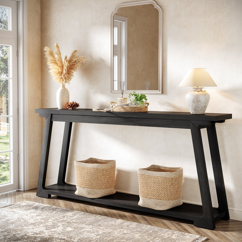 Console en bois massif 62,99 "avec tablettes de rangement à 2 niveaux pour le salon, le vestibule, Noir