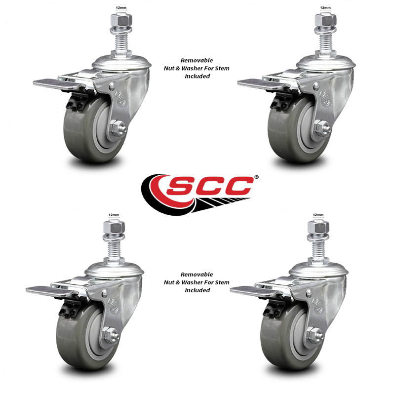 Polyurethane Swivel 12mm Stem Caster Set with Total Lock Brake