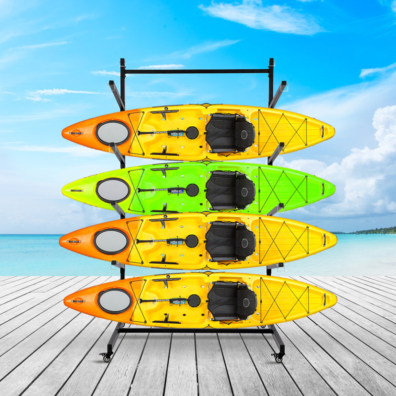Support de rangement robuste et réglable pour kayaks avec roulettes – Support autoportant pour 4 kayaks, canots, planches de surf, planches à pagaie – Organisateur de garage intérieur et extérieur – 4 niveaux