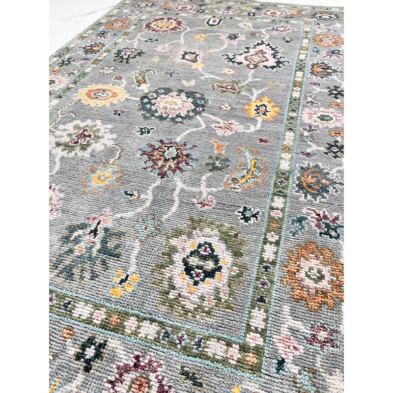 Tapis oriental gris et gris en laine noué à la main 4 pi x 6 pi