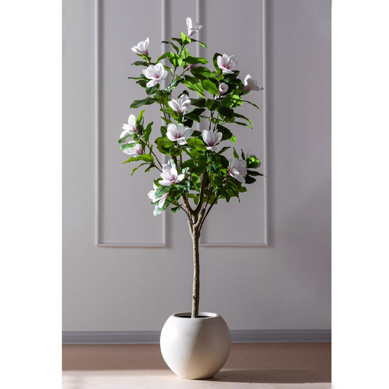 Faux arbre artificiel Magnolia, Blanc / rose, Beige