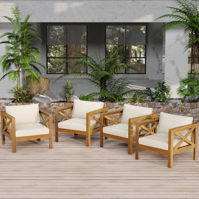 Fauteuil club d'extérieur en bois d'acacia avec coussins, ensemble de conversation, convient aux rassemblements extérieurs, finition teck