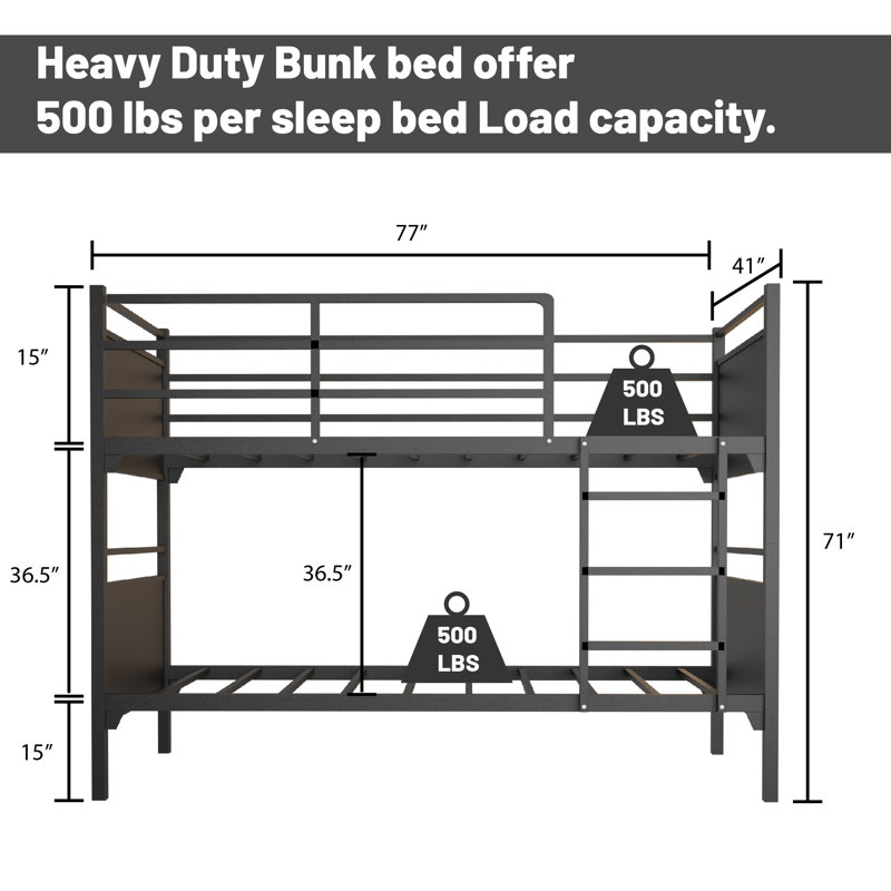 Metal Bunk Bed, Heavy Duty Sturdy Frame, Good for Commercial Use, Kids Camps and Shelter, 39", Black, 75"x39"