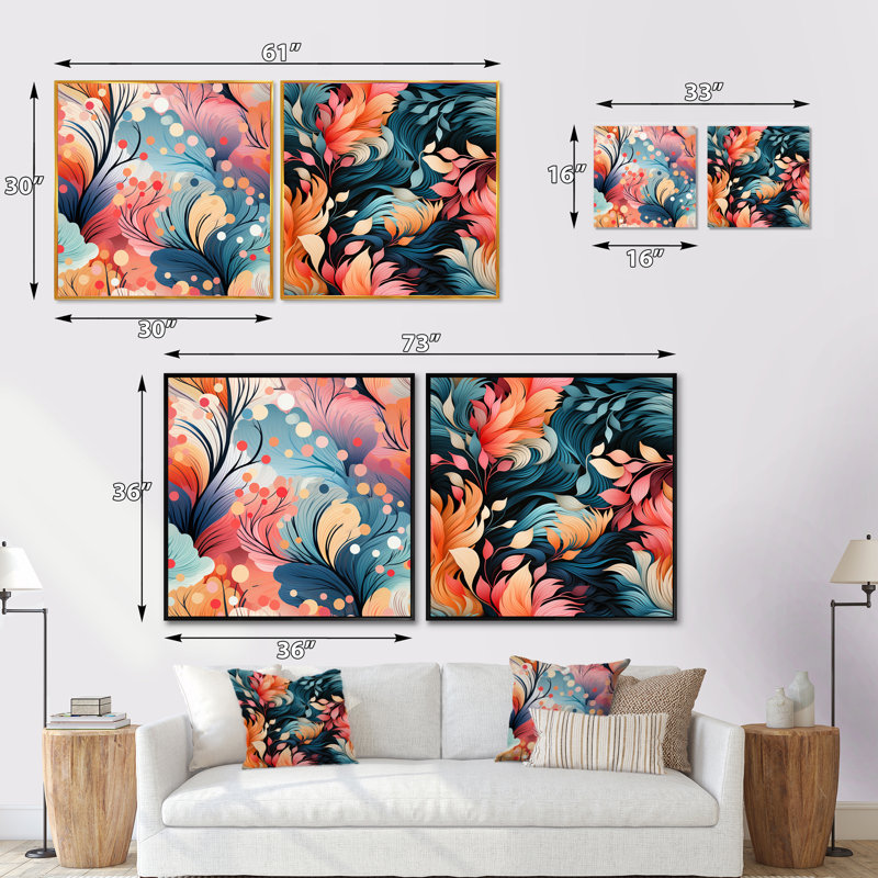 Tayla - Ensemble de 2 collages carrés botaniques abstraits, H 36 po x l 73 po, Cadre flottant noir