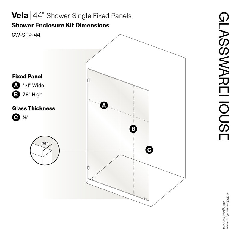 Vela 44 in. x 78 in. Fully Frameless Single Fixed Shower Panel, Satin Brass