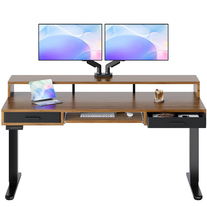 Electric Standing Desk With 24.4" Large Keyboard Tray & 2 Drawers, Adjustable Sit Stand Desk With 4 Height Presets, C-Clamp Mount Compatible Computer Desk For Office