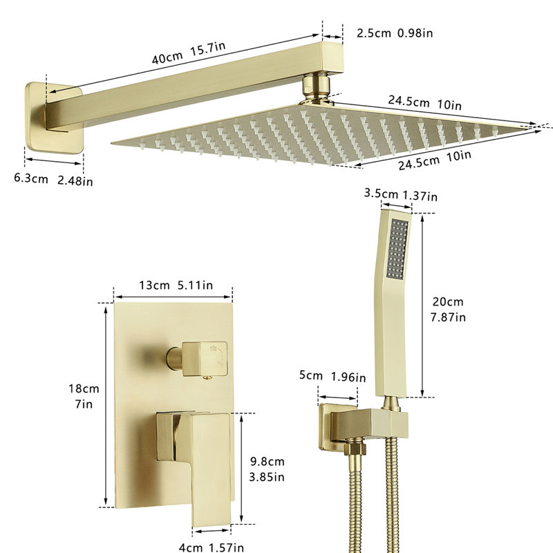 Douche de salle de bain brossée or classique, pluie murale de 10 pouces avec douchette rétractable, poignée, valve à cartouche, robinets à 3 trous de luxe à poignée manuelle