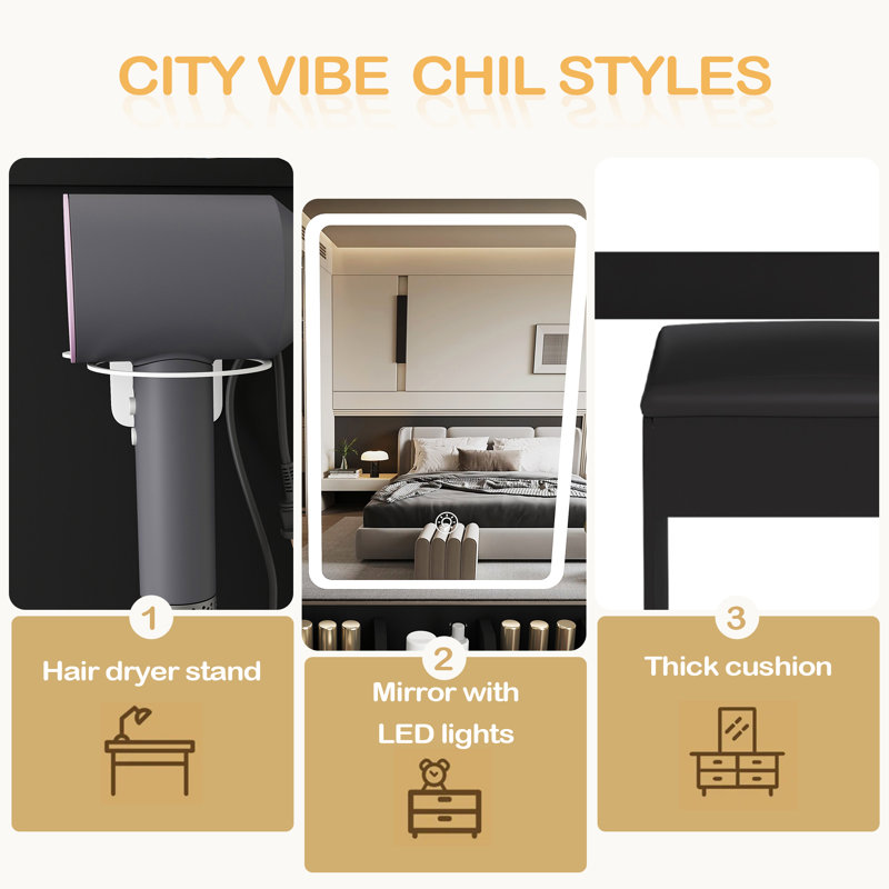Modern Small Vanity Desk ,Featuring 3 Modes Of LED Lighting With Adjustable Brightness, 3 Drawers And Multiple Open Storage Shelves, A Hair Dryer Holder And Power Socket, And A Dressing Chair