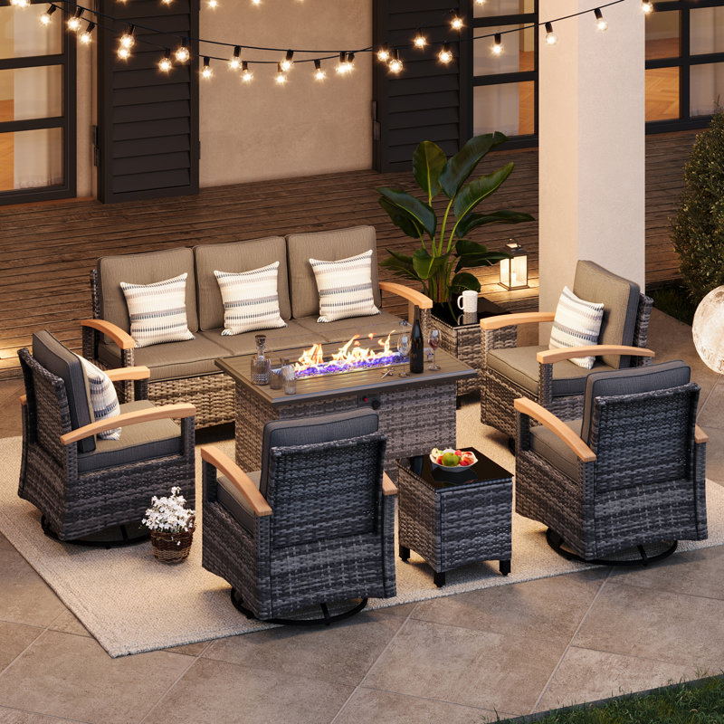 Meissalivve 8 Pieces Patio Furniture Sets With Fire Pit Table, Wicker Outdoor Conversation Sets With 2 Swivel Rocker Chairs, 3-Seat Sofa And Side Table(Grey)