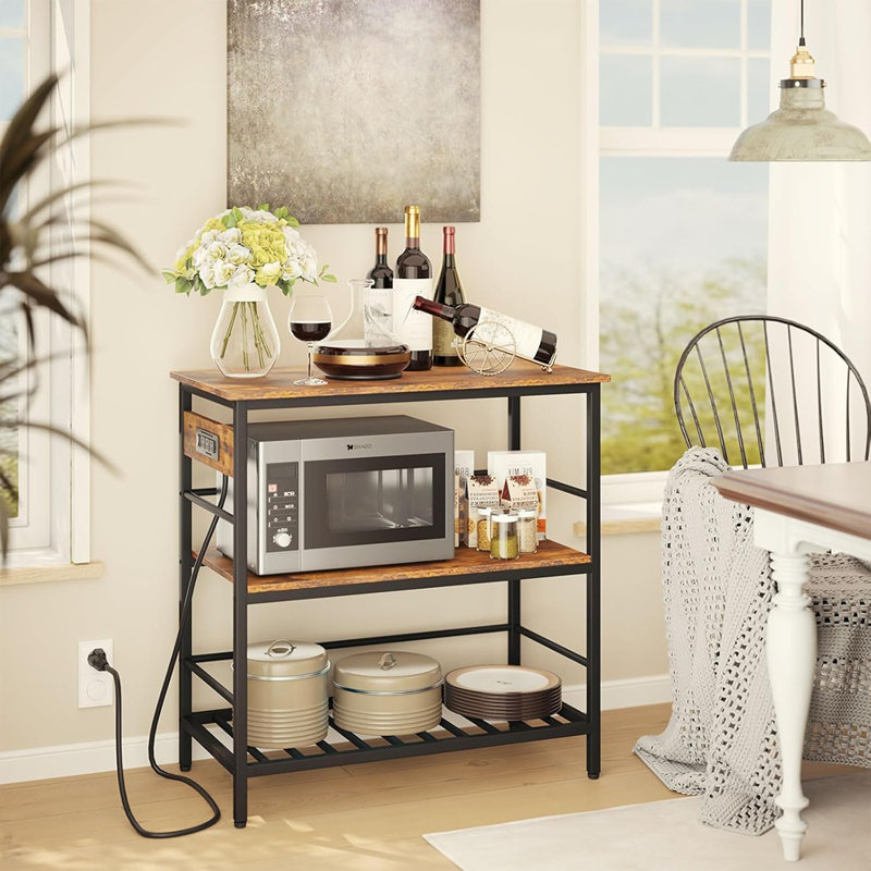 Îlot de cuisine avec rangement et prise de courant, support pour micro-ondes et support à boulanger avec grand plan de travail, chariot-bar roulant pour la cuisine, la maison ou l'extérieur (brun rustique et noir)