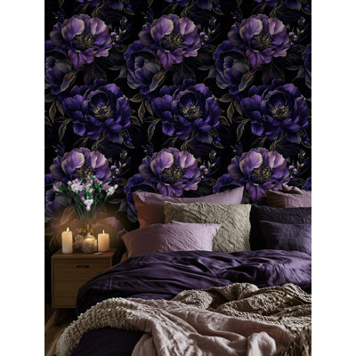 Luxurious Purple Peony Peel and Stick Wallpaper Gold Accented Floral Wall Mural