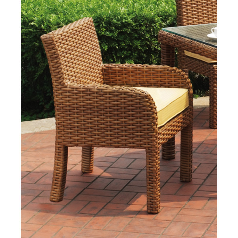 Java Wood Premium All-Weather Wicker Outdoor Dining Armchair with Cushion, Dupione Cornsilk Sunbrella®