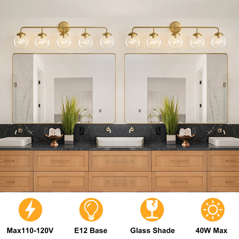 Airabelle Bathroom Vanity Lighting With Clear Shades Dimmable Bathroom Light Fixtures, Gold, 5