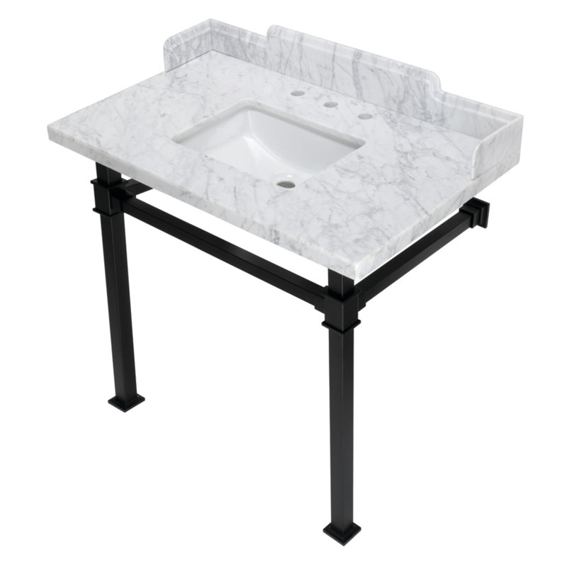 Kingston Brass Viceroy 36-Inch Carrara Marble Console Sink with Stainless Steel Legs (8-Inch, 3-Hole)