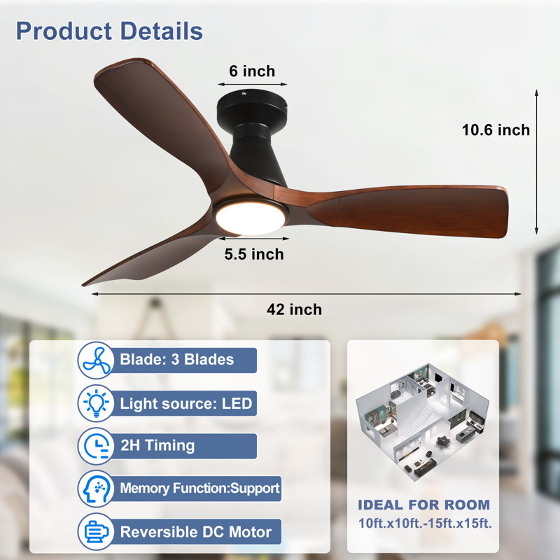 42 Inch Walnut 3 Blade Flush Mount Low Profile Ceiling Fan with Lights and Remote, Dimmable Indoor Outdoor Fan with Remote APP Control Quiet DC Motor Timer