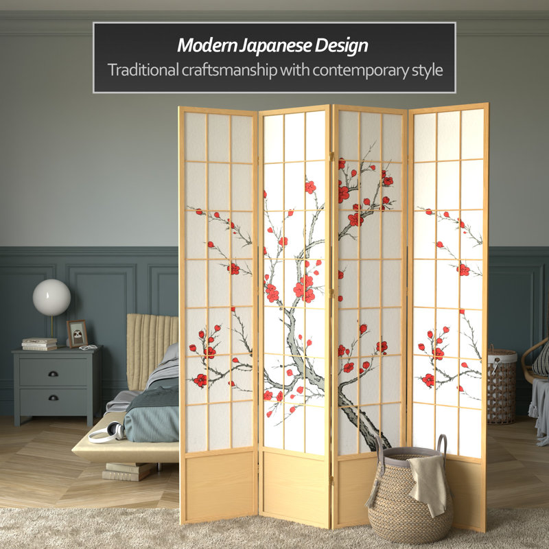 83.5" Cherry Blossom Shoji Room Divider, 4, Natural