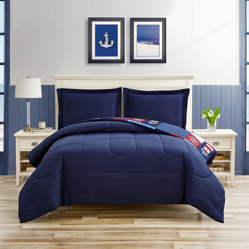 Ocean Inspired Coastal DESIGN STUDIO Nautical Patch Blue Ultra Soft Microfiber Reversible Comforter Set