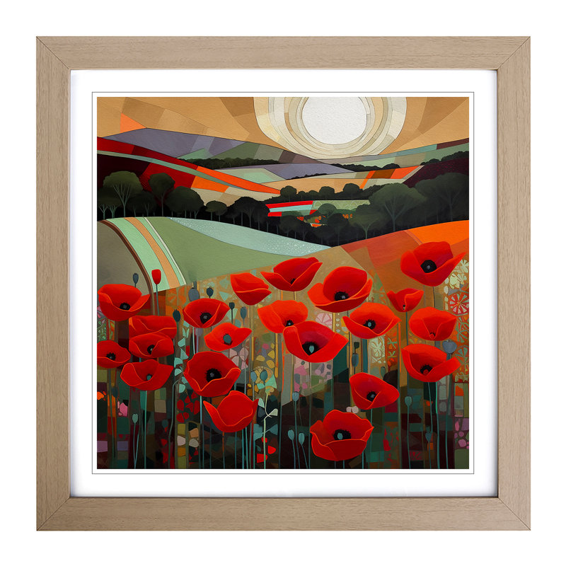 Poppy Field Deco No.3 - Single Picture Frame Print on Wood, Oak