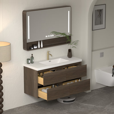 Meuble-lavabo mural simple flottant 48 po Arden en chêne antique avec plateau en résine composite Arden