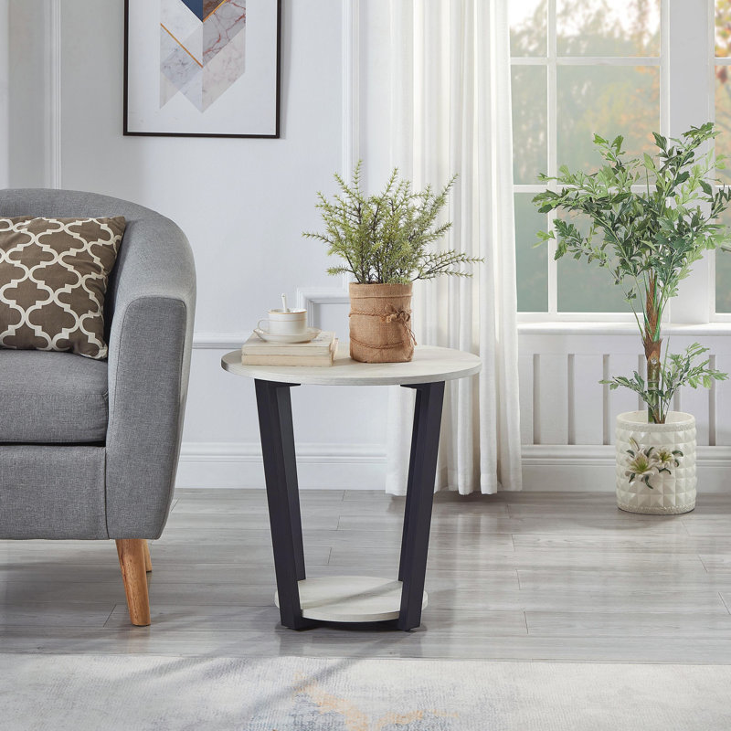 Table de bout ronde avec tablette Elysian, Blanc cassé, Noir