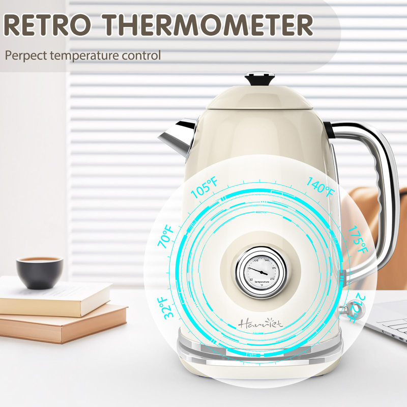 Chauffe-eau électrique 1,8 L avec thermomètre, Blanc beige