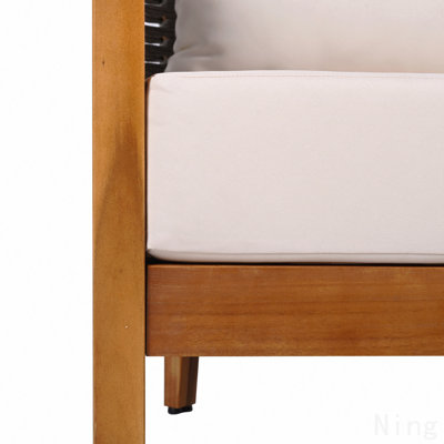 Ensemble de canapé d'extérieur unique à 4 places avec corde tissée, ensemble de meubles de patio en bois d'acacia 4 pièces, sièges profonds avec coussins moelleux pour porche, jardin, cour arrière, balcon, finition teck et coussin beige