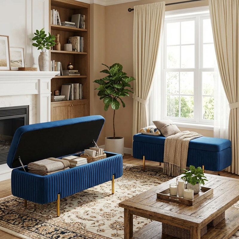 Banc de rangement en velours Leaysia, Bleu