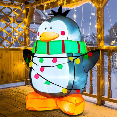 4 FT Christmas Inflatable Penguin Wearing Green Scarf with Built-in LEDs
